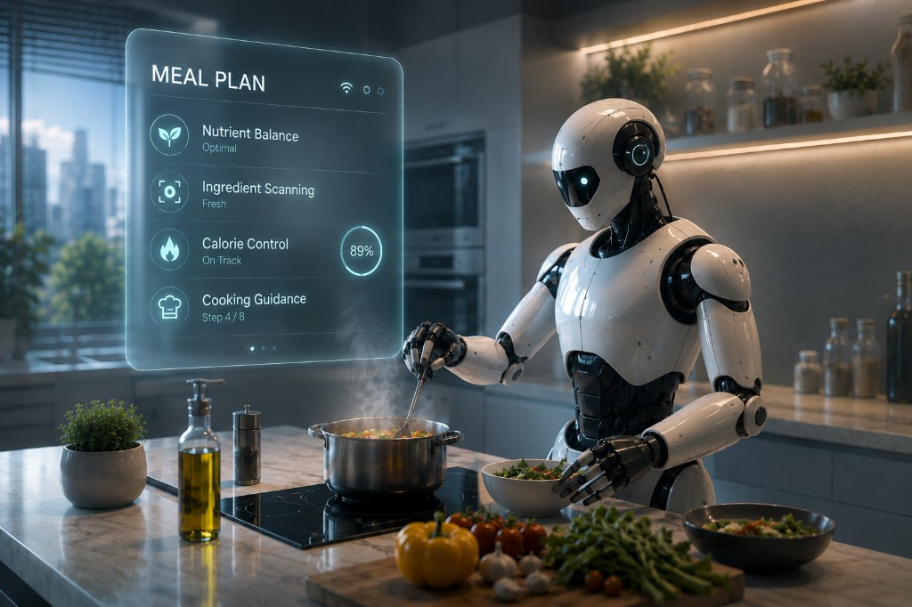 Humanoid robot cooking in a modern kitchen with a holographic meal plan display