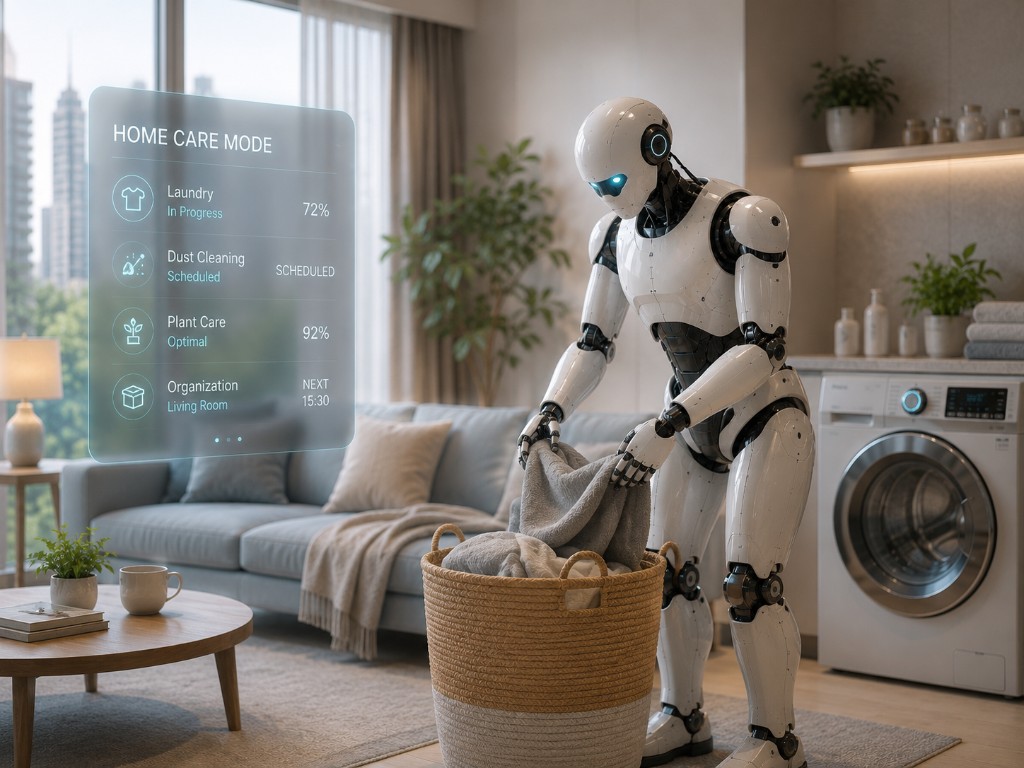 Humanoid robot managing laundry with a home care mode holographic interface