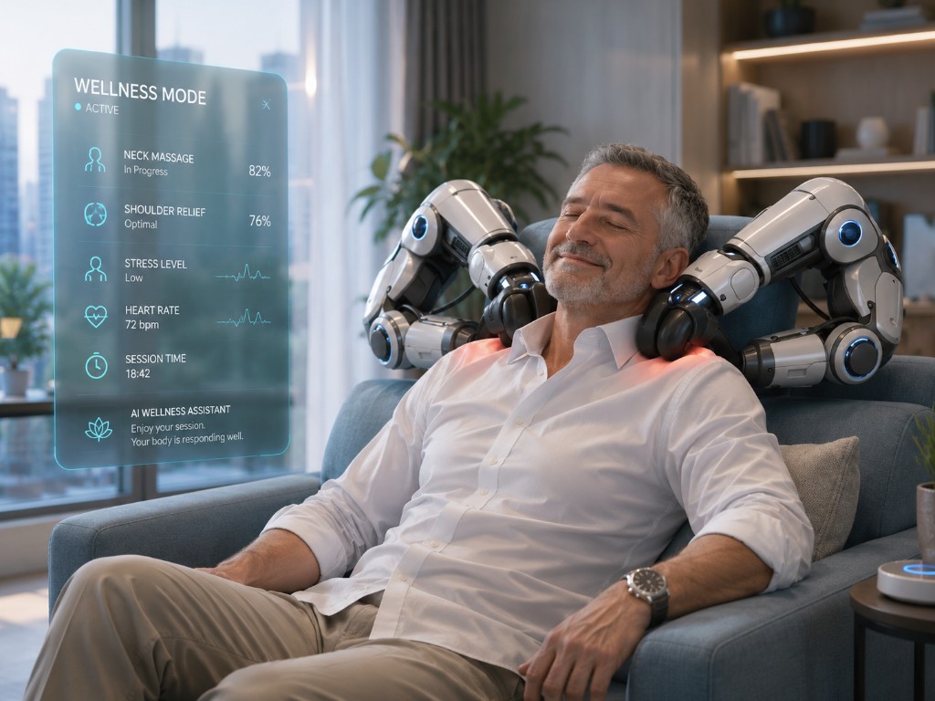 Robotic massage system with wellness metrics in a modern living room