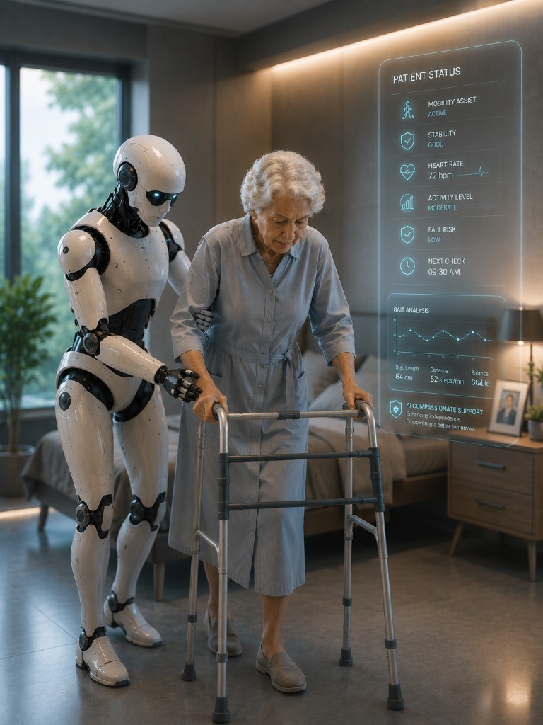 Robot assisting an elderly person with a walker and real-time patient status display