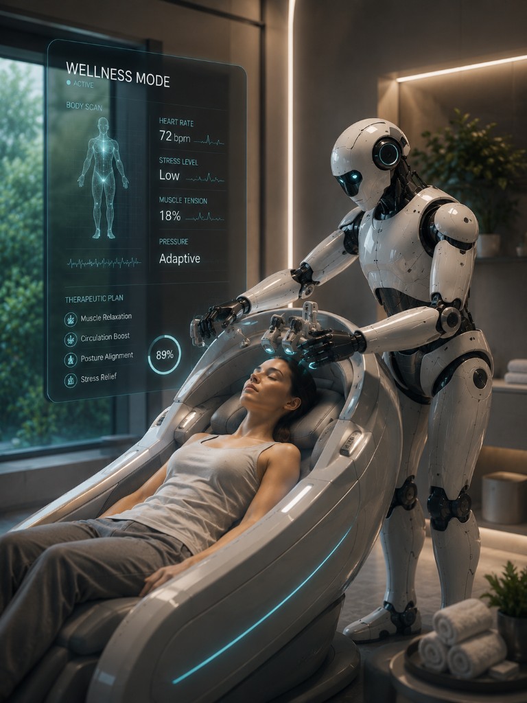 Humanoid robot providing wellness therapy in a clinical pod with vital signs display